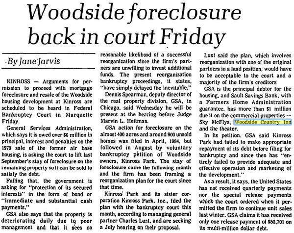 Woodside Country Inn  (Sky McFlys) - June 1985 Bankruptcy